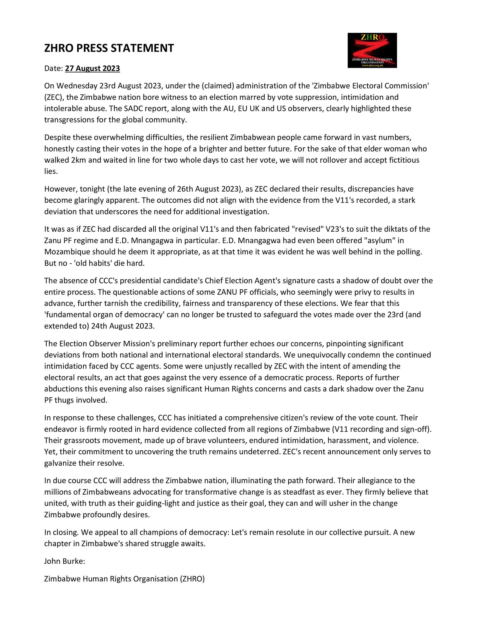 27 08 2023 ZHRO PRESS STATEMENT